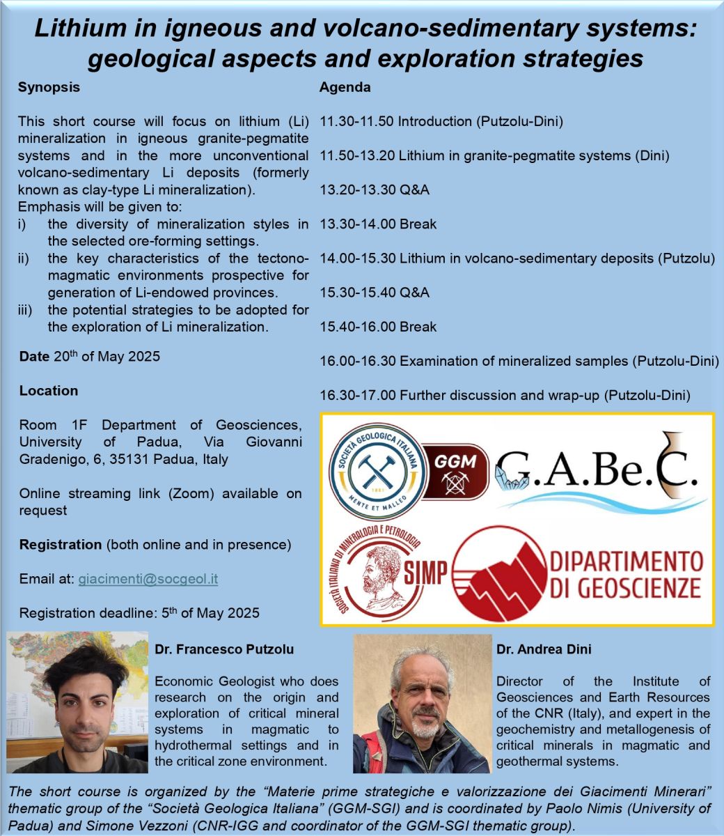 Short-course Lithium in igneous and volcano-sedimentary systems: geological aspects and exploration strategies